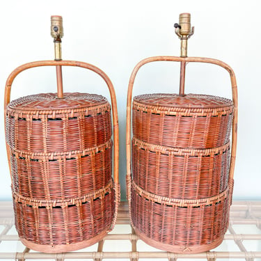 Pair of Rattan Basket Lamps