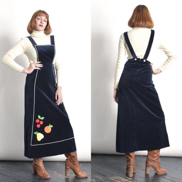 Vintage 1970s Dress / 70s Velvet Fruit Applique Jumper Maxi Dress / Navy Blue ( XS S ) 