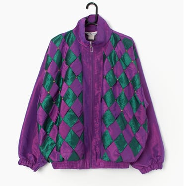 Vintage purple shell jacket with green harlequin pattern, festival jacket - Large / XL 