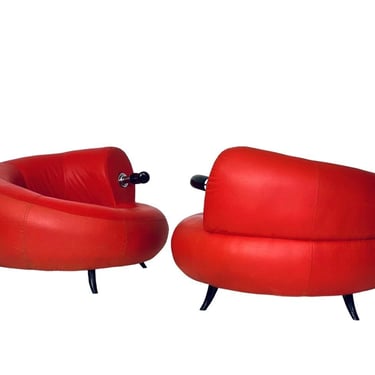 Pair Red Leather Postmodern Lounge Chairs, Italy 1990