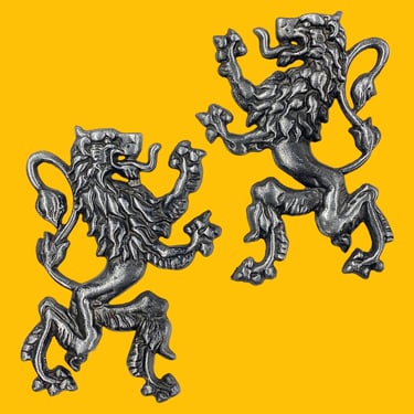 Vintage Lion Wall Decor Retro 1960s Mid Century Modern + Silver + Cast Metal + Set of 2 + Heraldic Lions + Plaques + Home Decor + Decoration 