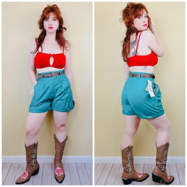 1980s Vintage Urban Oasis Turquoise Cotton Shorts / 80s / Eighties High Waisted Belted Shorts / Size Large 