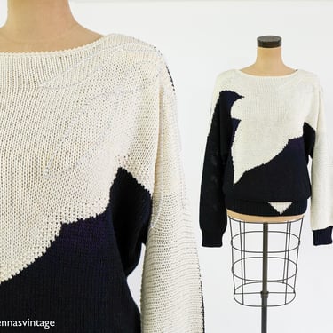 1980s Black White Sweater | 80s Creme & Black Sweater | Rhinestone Design | Nannell | Large 