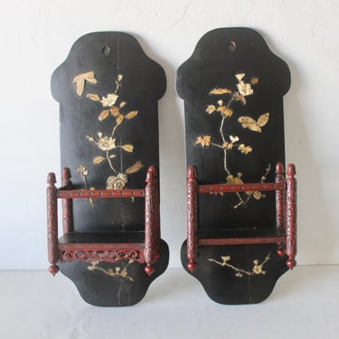 Mid-Century Chinoiserie Wood Bone Decorative Wall Shelves Sconces Brackets -a pair 