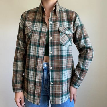 Vintage Mens Woolrich 1970s Wool Plaid Checkered Button Down Flannel Shirt Sz S 