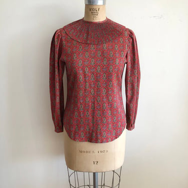 Red Floral/Tapestry Print Blouse with Oversized Micro-Pleat Collar - 1980s 