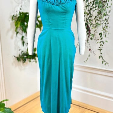 Vintage 1950s Party Dress | 50s Teal Velvet Bow Back Hourglass Wiggle Holiday Formal Evening Gown | small 