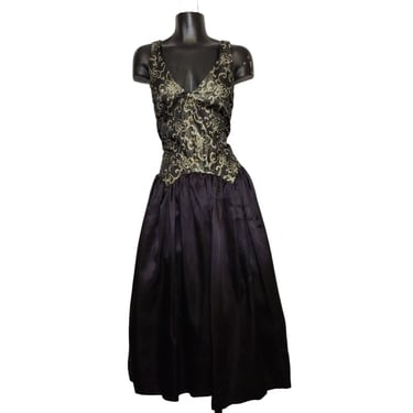 1980s Vintage GUNNE SAX Dress By Jessica McClintock, Fit and Flare Sleeveless, Black & Gold Jacquard Prom Party Formal, Vintage Clothing 