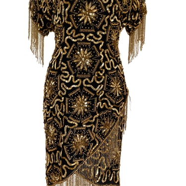 1980's Vintage gold sequin dress gold & black beaded dress / holiday dress short sleeves medium, keyhole black, gold sequin beaded dress m 8 