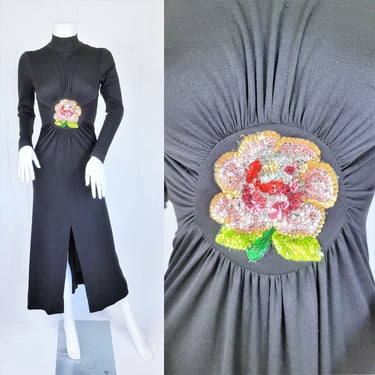 1970's Black Mock Neck Long Maxi Dress Sequin Rose Center I Sz Sm I Brandye 