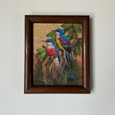Vintage  Japanese Birds on Branch Oil Painting,  Signed 