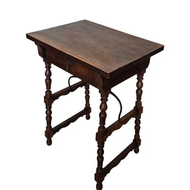 Antique Spanish Baroque Walnut Side Table with Forged Iron Stretcher 19th Century 