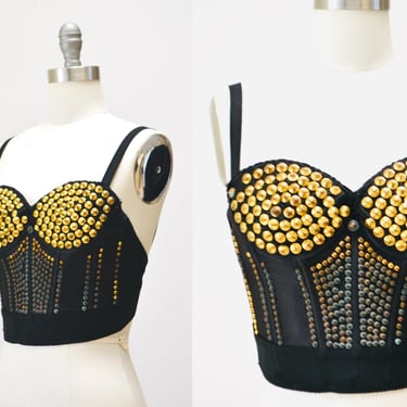 80s 90s Vintage Gold Studded Black Bustier Top XS Small 80s 90s Glam Gold metallic Studded Corset Bustier Burlesque Showgirl Gold Rockstar 