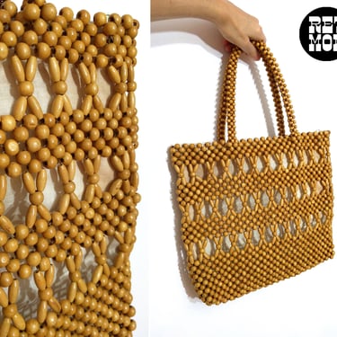 Vintage 70s 80s Wooden Beaded Tote Bag 