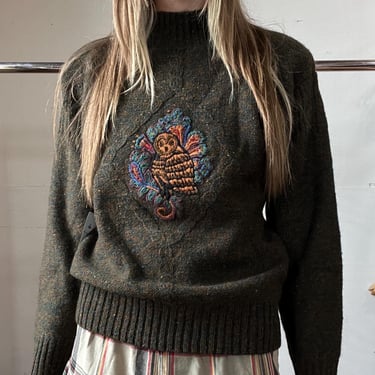 Med, Vintage 1980s 1990s Deadstock Herman Geist Owl Sweater, Hand Embroidered, S2 