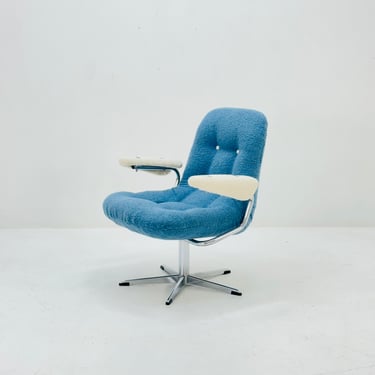 Mid century swivel desk chair  with blue &white teddy fabric 1970s 