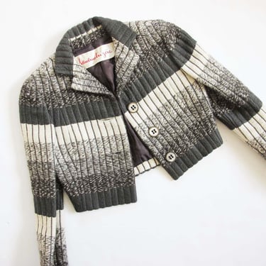 Vintage 1950s Pauline Trigère Jacket XS - Wool Knit Striped Cream Gray Cropped 50s Mid Century Womens Jacket 