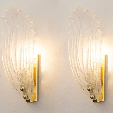 Set of 2 Murano glass wall lamps, leaf decorated with grit, pair of wall sconces Made in Italy 