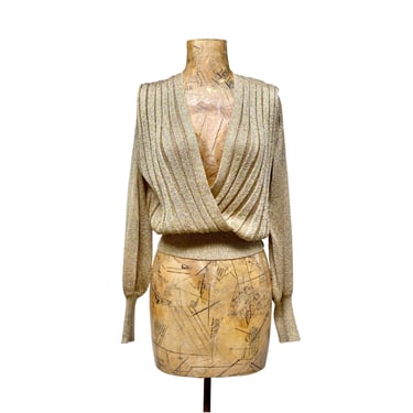 Vintage 1970s Gold Lurex Knit, Rock Star's Girlfriend Sweater, Sexy Ribbed Plunging V Neck Top, Long Sleeve Metallic Pullover, M to L, VFG 