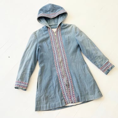 Vintage Hooded Denim Coat with Embroidered Trim 