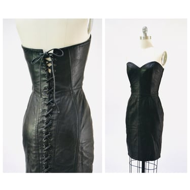 Vintage Black Leather Dress with Lace Up strapless by Michael Hoban North Beach// 90s Vintage Black Strapless Leather Corset Dress XS SMALL 