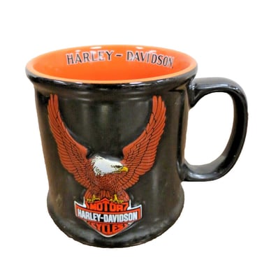 Harley Davidson Motorcycles Coffee Mug Cup Raised Eagle Logo Black Orange 2002 