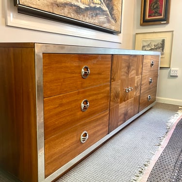 Mid-Century Modern Milo Baughman Sideboard / Dresser, Burlwood, Chrome