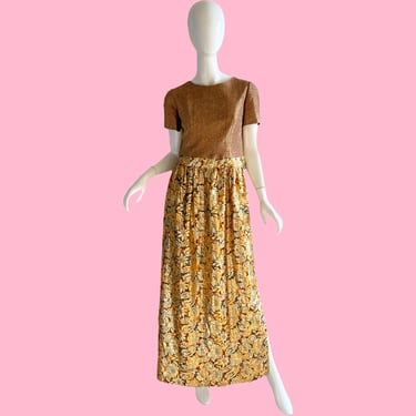 70s Metallic Gold Party Dress / Psychedelic Floral Maxi Dress / Vintage 1970s Lame Knit Gown Small 