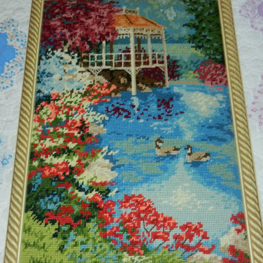 Vintage Needlepoint Landscape wall hanging~ beautifully done needle work of Waterscape, Floral Trees, Geese, Gazebo~ Custom Frame w/ Batted~ 