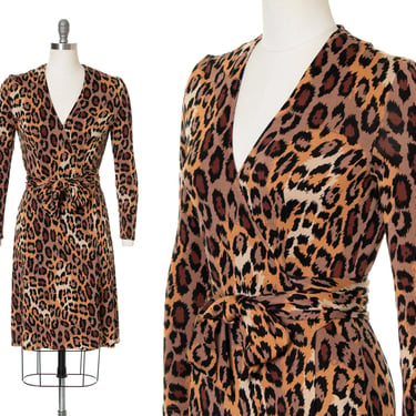 Vintage 1990s Wrap Dress | 90s DIANE Von FURSTENBURG DVF Leopard Animal Print Silk Jersey Long Sleeve Sheath Dress (small/medium) 