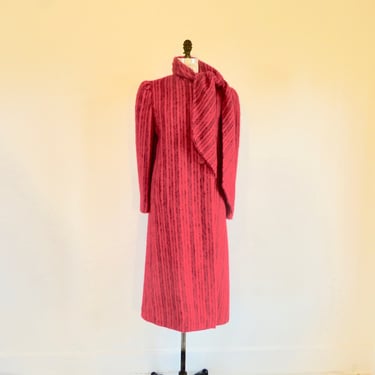 1980's Pauline Trigere Red Mohair Wool Striped Winter Coat Midi Length Attached Wrap Around Scarf 80's Coats Outerwear Size Medium Large 