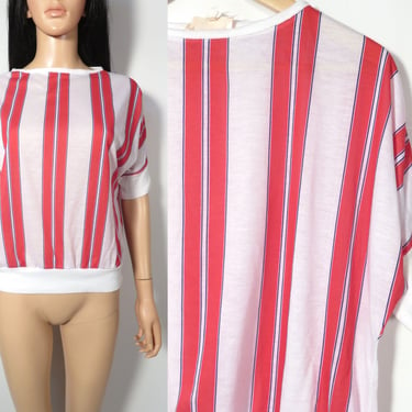 Vintage 80s Red White And Blue Striped Dolman Sleeve Tshirt Size M 