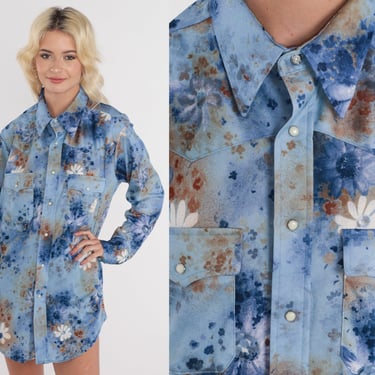 Floral Western Shirt 70s Blue Pearl Snap Cowboy Shirt Collared Button Up Top Long Sleeve Rodeo Watercolor Flower Print Vintage 1970s Large L 