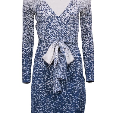 Diane von Furstenberg - Blue & Cream Gradient Printed Knit Wrap Dress Sz P