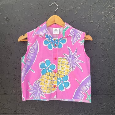 80s Pink Pineapple Cropped Sleeveless Blouse