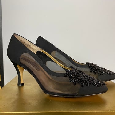 1980s cocktail shoes, black mesh, 1980s pumps, beaded shoes, 80s high heels, size 8 1/2, apostrophe, see through, pointed toe, formal 