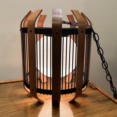 Vintage Walnut Midcentury Hanging Lamp Pendant Light Fixture 