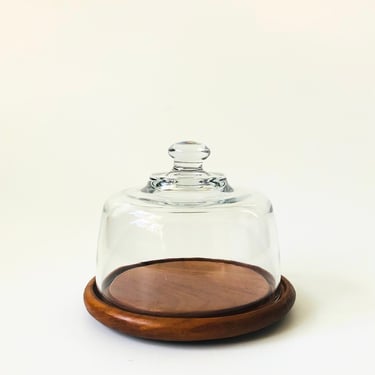 Vintage Glass Cloche on Teak Wood Base 