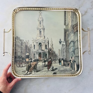 Vintage Serving Tray with The Strand image, 13" x 16" handled, anodized aluminum, Art Deco, Woodmet, from England, Hollywood Regency, gift 