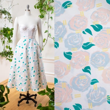 Vintage 1980s 1990s Skirt | 80s 90s Pastel Rose Floral Print Linen Cotton White High Waist A-Line Full Midi Swing Skirt | small 