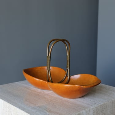 Aldo Tura Carved Walnut Wood &amp; Brass Bowl for Macabo, Italy, c.1970
