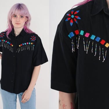 Fringe Southwest Shirt Black Embroidered Beaded Shirt Aztec Western Button Up 00s Southwestern Blouse Vintage Short Sleeve Medium 
