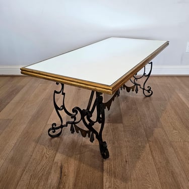 French Mid-Century Gilbert Poillerat Style Parcel Gilt Wrought Iron Mirror Top Coffee Table 