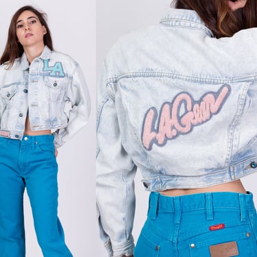 80s 90s L.A. Gear Cropped Jean Patch Jacket - Small | Vintage Light Wash Graffiti Lined Streetwear Denim Jacket 