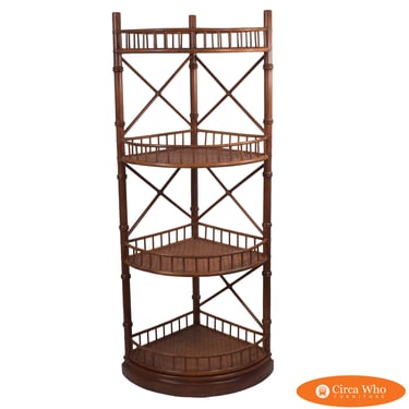 Faux Bamboo and Woven Rattan Corner Etagere