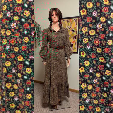 Vintage 1970s Black, Red & Yellow Floral Calico Cotton Blouse and Maxi Skirt Matching Set / 70s Prairie Boho Summer 