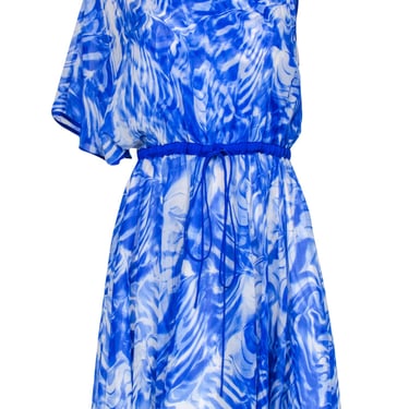 Cynthia Steffe - Blue & White Marbled Silk One Shoulder Dress Sz 2