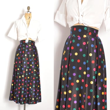 Vintage 1980s Skirt / 80s Polka Dot Satin Skirt / Black Rainbow ( XS S ) 