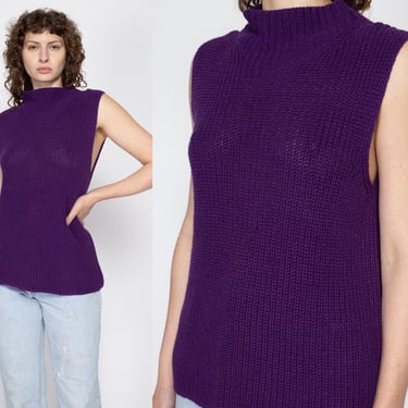 XL 80s Purple Knit Sleeveless Sweater | Vintage Mockneck Cotton Ramie Low Armhole Vest Top 