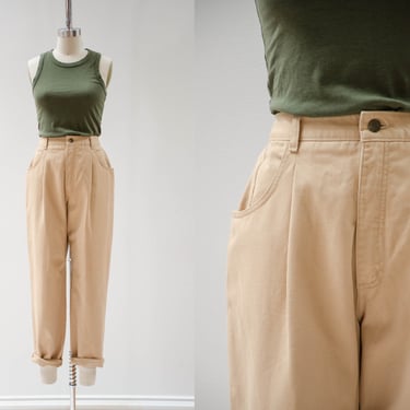 high waisted pants | 80s 90s vintage tan light brown dark academia relaxed fit pleated mom jeans 